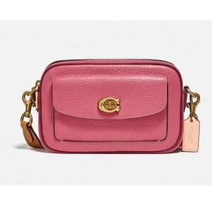 Coach Willow Camera Bag Rouge Pink Pebble Leather Crossbody Tan Strap C0695